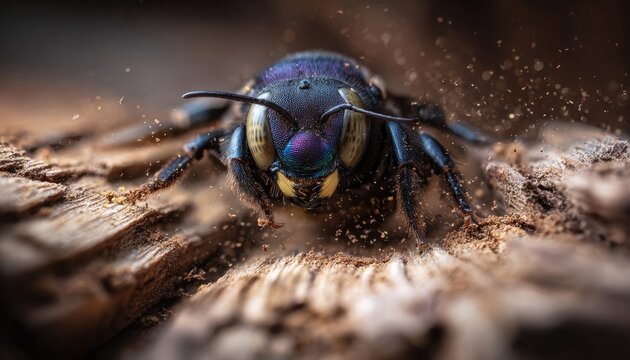 Vibrant macro of carpenter bee chewing into wooden log for nest, sawdust particles flying, muscular jaws in action, natural wood grain, diffused woodland light