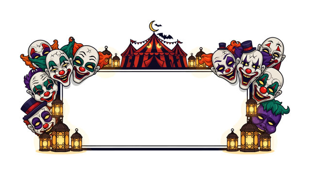 Creepy Carnival Frame: A sinister yet captivating border featuring an array of unsettling clown faces, a vintage circus tent, and flickering lanterns, designed to frame a message of fright and wonder.