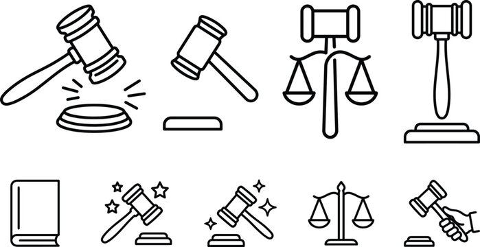 Law gavel scales of justice line icons vector set for legal courtroom judge lawyer auction balance crime system