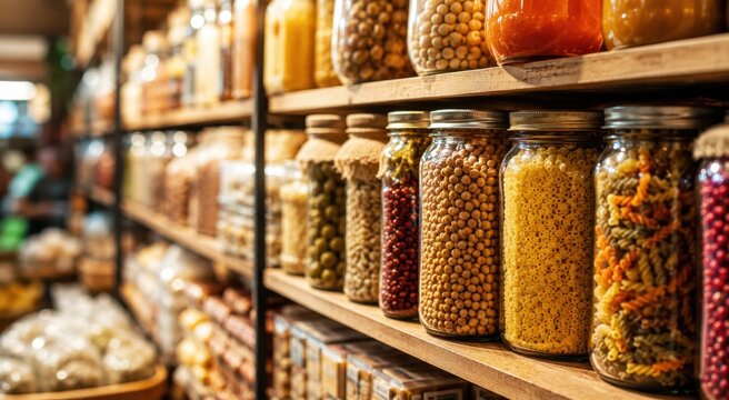 A close-up selective focus shot of glass jars containing pasta, chickpeas, beans, and lentils stored on wooden racks. The background shows blurred rows of grocery items on pantry shelves. Ideal for ze