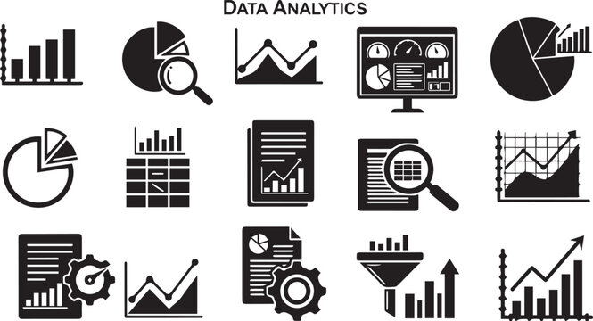 Data analytics icons set including charts graphs data visualization tools analytics visualization statistics analysis information business intelligence dashboard measurement evaluation