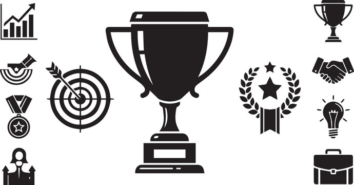 Black and white icon set featuring a trophy cup surrounded by achievement and success symbols achievement handshake agreement illustration business marketing bullseye lightbulb teamwork