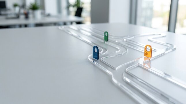 Acrylic tabletop route planning model with colored markers and copy space for corporate strategy presentation header market outlook and business planning