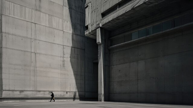 Businessman walking past large grey concrete building. Symbol of total control and social alienation. Concept of solitary life in modern city under massive urban architecture.