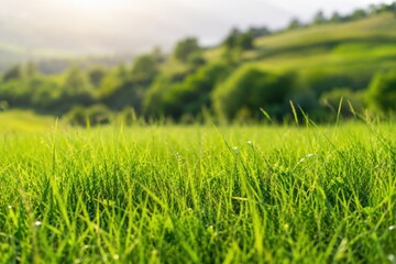 Fototapeta premium A low angle shot of lush green grass in the foreground with a selective focus. In the blurred background, green hills, trees, and soft morning sunlight create a beautiful summer landscape.