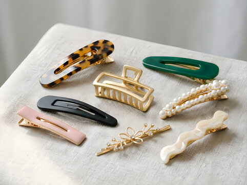 A collection of various stylish hair clips and barrettes, including tortoise shell, matte pastel, pearlembellished, and gold metal designs arranged on a textured surface