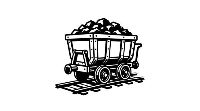 Black and white illustration of vintage mining cart on tracks.