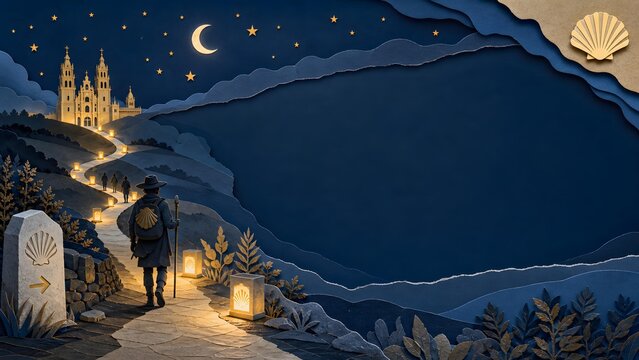 Pilgrims Walking Night Path Guided By Glowing Stone Lanterns Banner Background
