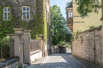 Fototapeta premium Absteigende Straße mit Pflastersteinen mit efeubewachsenem Gebäude Aufseesianum mit Sprossenfenstern und Kunstschmiedezaun und Gebäude mit Veranda mit Steinrelief in Bamberg.