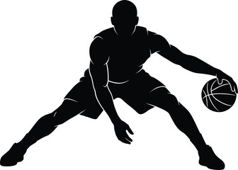 Obraz premium Professional basketball player dynamic dribbling ball low stance action black silhouette vector illustration isolated on white background.eps