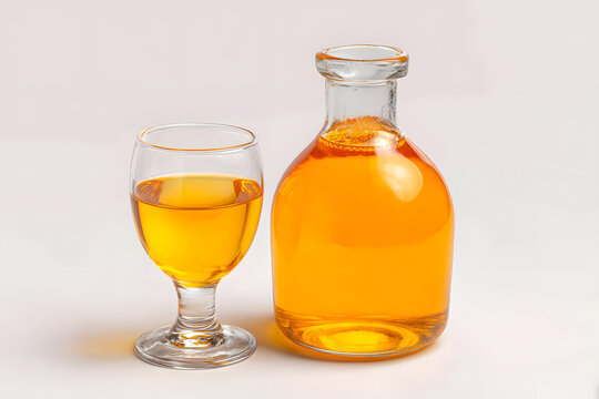 Ethiopian Tej Honey Wine Non-Alcoholic Version in Glass and Bottle Set Against Light Background