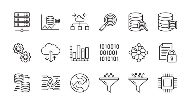 Abstract Data Icons in Clean Minimalist Style Representing Analytics and Technology Concepts