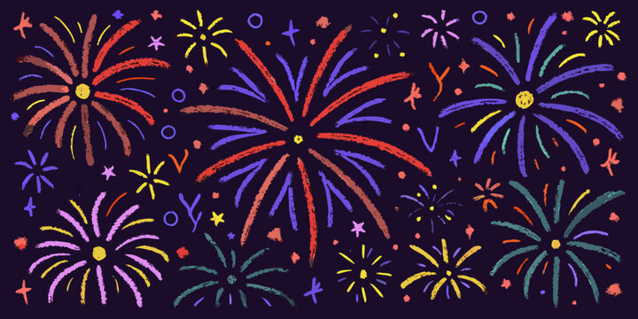 Fireworks illustration colorful chalk style bursts on a dark purple background