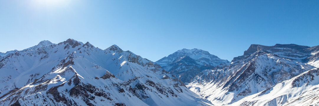 Aconcagua, a mountain in the Andes Mountains between Chile and Argentina. Aerial view.
