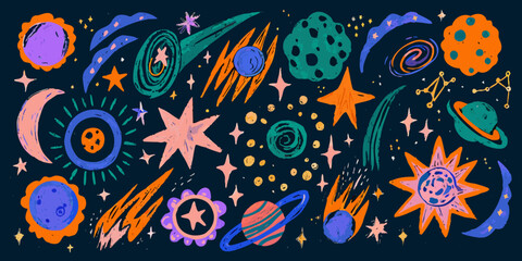 Celestial Bodies And Stars Hand drawn Vector Illustration On Dark Background © Vector Studio