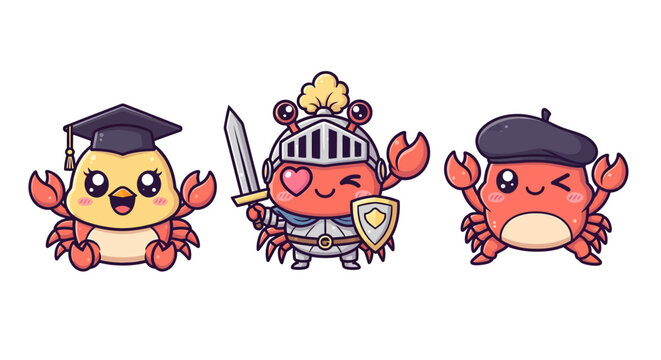 Whimsical cartoon crabs in various fun professions and outfits.
