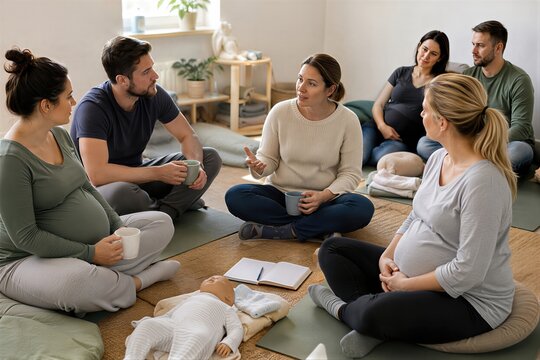 Pregnant woman, man and instructor at antenatal class sitting in circle. Support group for future parent during pregnancy training. Education, advice and preparation for childbirth.