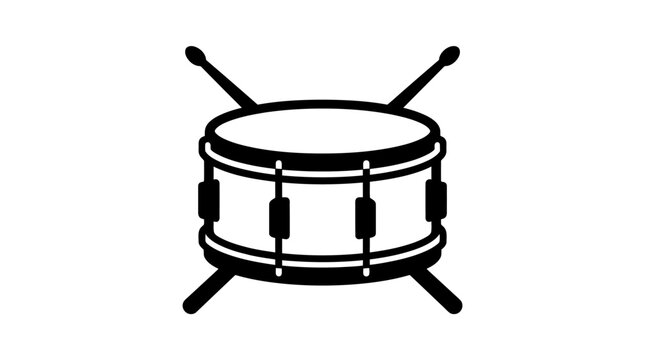 Black and white snare drum with drumsticks illustration.