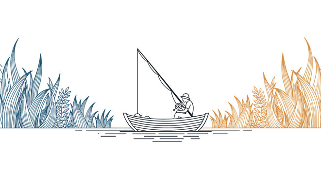 Minimalist line art illustration of a lone fisherman in a small wooden boat fishing between patches of tall reeds on water.