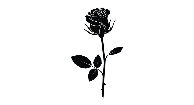 Striking silhouette of a single black rose with a elegant stem and delicate leaves isolated against a clean white background.