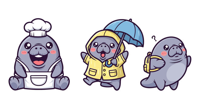Cute Cartoon Sea Lions in Various Fun Professions Outfits.