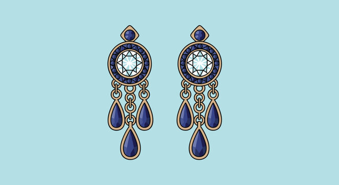 Stunning pair of elegant gold earrings featuring large diamonds and hanging blue sapphire teardrop stones on a light blue background.