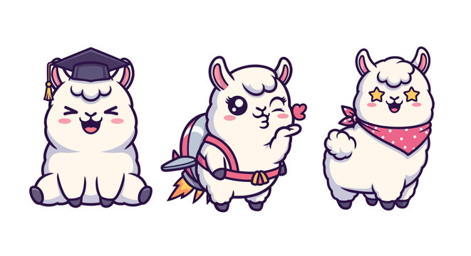 Cute Illustrated Alpacas in Graduation and Fun Costumes.