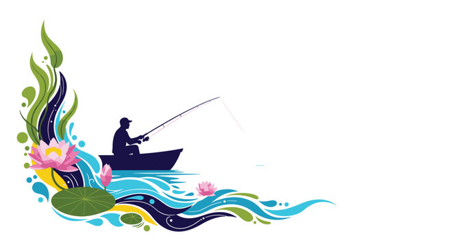 Silhouette of a fisherman in a boat with a fishing rod surrounded by an artistic border of waves and water lilies.