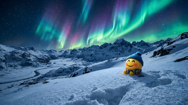 Smiling Minion, winter landscape, aurora borealis, snowy mountains, colorful night sky