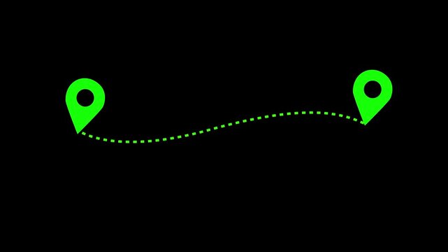 Two location pins connected by dotted line on black background minimal navigation concept