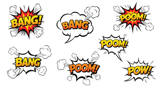 Collection of dynamic comic book speech bubbles with sound effects like Bang, Poom, and Pow in vibrant yellow and orange colors.