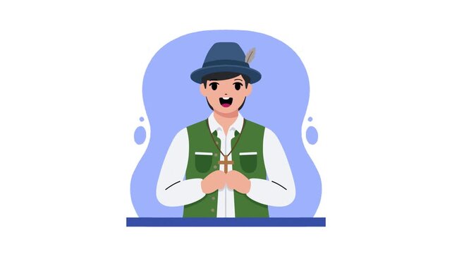 Animated character of a traditional german or austrian man wearing a green lederhosen and alpine hat on a blue background.