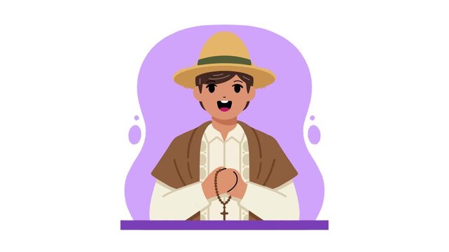 Flat 2D animation of a traditional colombian or peruvian man wearing a poncho and straw hat on a purple background.