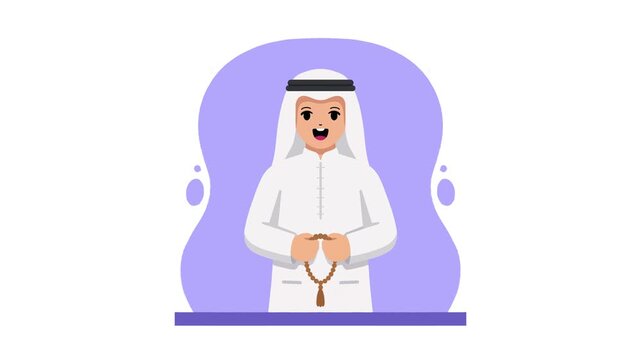 Flat 2D animation of a traditional arab man wearing a white thobe and kaffiyeh holding prayer beads on a purple background.