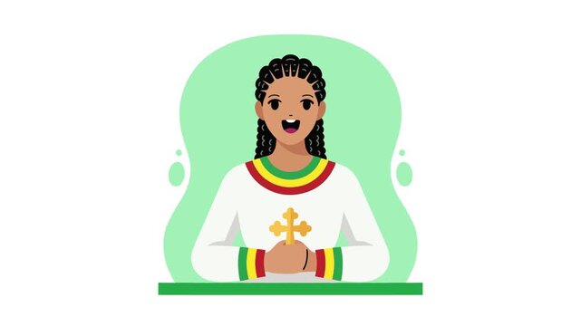 Animated flat character of a traditional ethiopian woman holding a coptic cross on a green circle background.