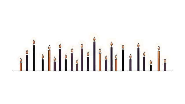 Candlelight Panorama: A varied collection of slender candles of differing heights and colors, illuminated with warm glowing flames, is arranged in a linear composition.