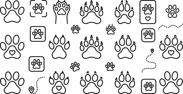 Paw print vector icon set featuring dog cat bear claws heart pads track trails and veterinary medicine symbols
