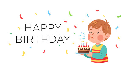 Happy Birthday Celebration: A cheerful boy blows out candles on his birthday cake, surrounded by colorful confetti and the message HAPPY BIRTHDAY, creating a festive and joyful atmosphere. © Mohiuddin123