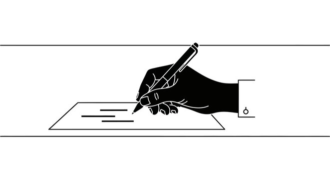 A black and white illustration of a hand writing on a piece of paper.