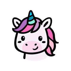 Logotipo con dibujo minimalista con líneas de la cabeza de un simpático unicornio infantil, mirando de frente, con relleno de colores pastel © teracreonte