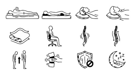 Fototapeta premium Animated Spinal Health and Orthopedic Sleep Position Outline Icon Collection