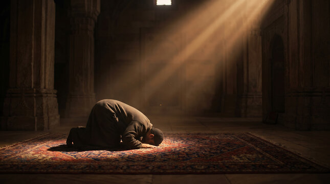 A man in prayer, head bowed in supplication on a rug in a dimly lit room with sunbeams streaming through a window.