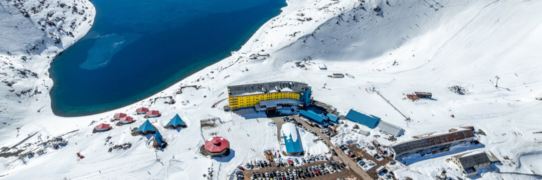 Portillo, ski in chile on a sunny day with lots of snow. South America. Aerial view.