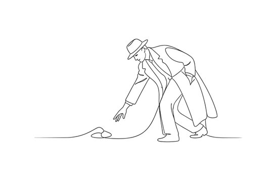 Minimalist continuous line drawing of a man in a coat and hat bending down to pick up a rope or hose from the ground in a simple scene