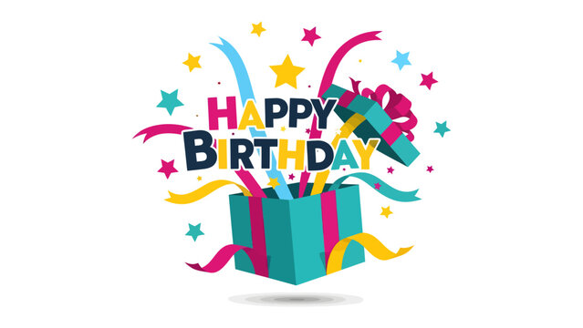 Happy Birthday Surprise: A vibrant gift box bursts open with confetti, streamers, and stars, revealing the celebratory message Happy Birthday in bold, colorful letters.