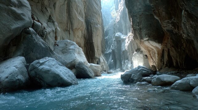 A glacial river flows through a dramatic and ancient rocky gorge with sunlight illuminating the deep canyon walls.