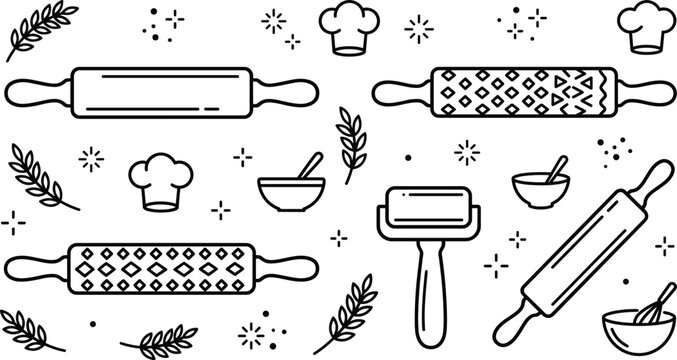Rolling pin baking kitchen tool icon set black linear vector icons collection for bakery chef pastry graphic design