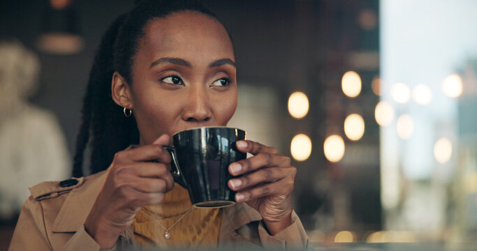 Black woman, thinking and drink in cafe for reflection, insight and relax with inspiration at restaurant. Happy person, bokeh and cup with coffee shop, memory and perspective with beverage at diner
