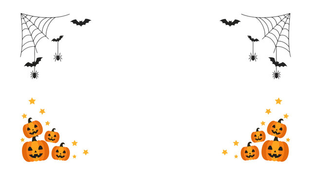Halloween Corner Decoration: A festive collection of carved pumpkins and spooky elements like spiderwebs and bats, framing a blank space perfect for holiday greetings.