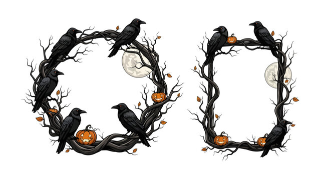 Halloween Raven and Pumpkin Wreath and Frame: An eerie collection of black ravens perched on gnarled, leafless branches forming a wreath and a rectangular frame.
